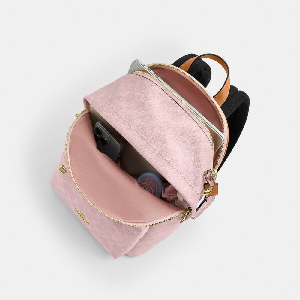 coach backpack with pink back Mini Court Colorblock Leather Small Bag Red Orange  Luxe Fashion Finds Signature coated canvas and refined pebble leather Inside zip and multifunction pockets Double zip closure fabric lining Handle with 2 1/4 drop Outside zip pocket Adjustable shoulder straps 10 3/4 (L) x 12 1/2 (H) x 4 3/4 (W) Style No. Coach Taylor Backpack In Powder