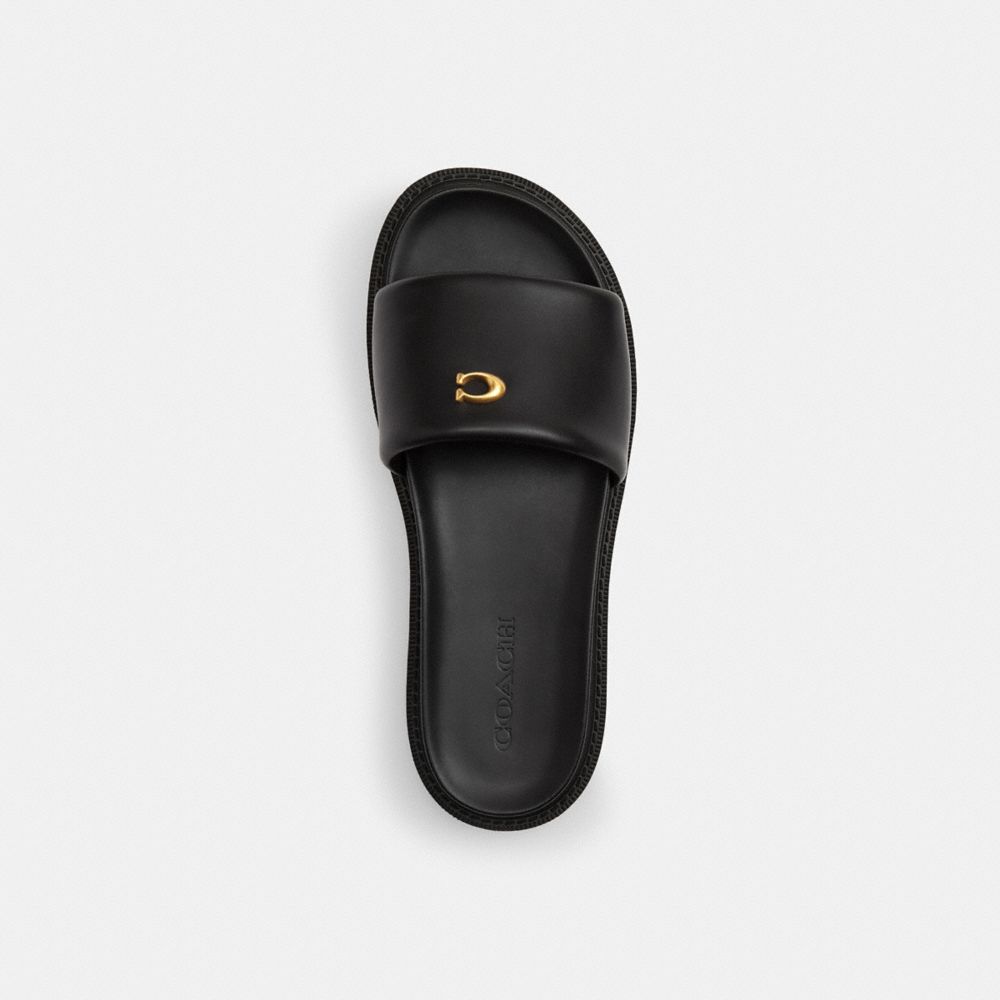 COACH®,Brynn Slide Sandal,Rubber,Slides,Logo,Metal,Cushioned,Flexible,Casual,Black,Inside View,Top View
