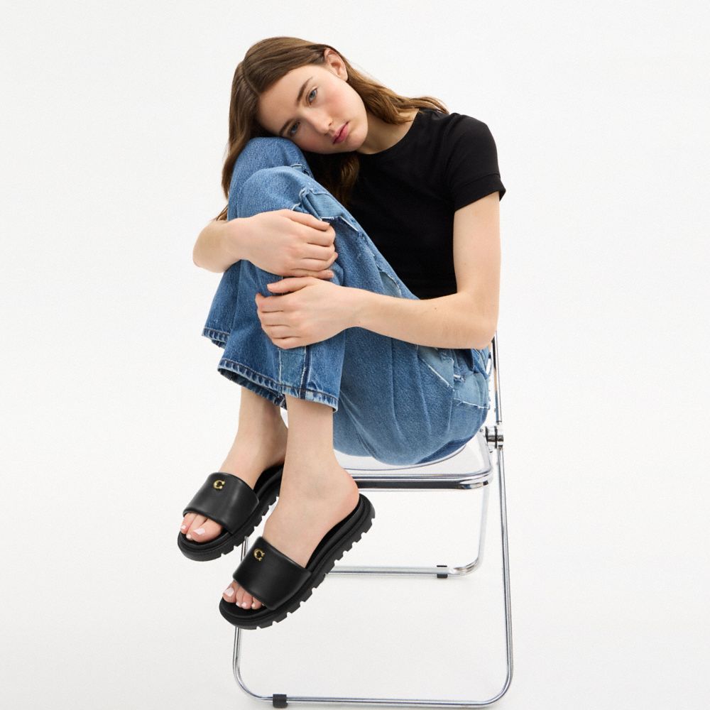 COACH®,Brynn Slide Sandal,Rubber,Slides,Logo,Metal,Flexible,Cushioned,Casual,Black,Detail View