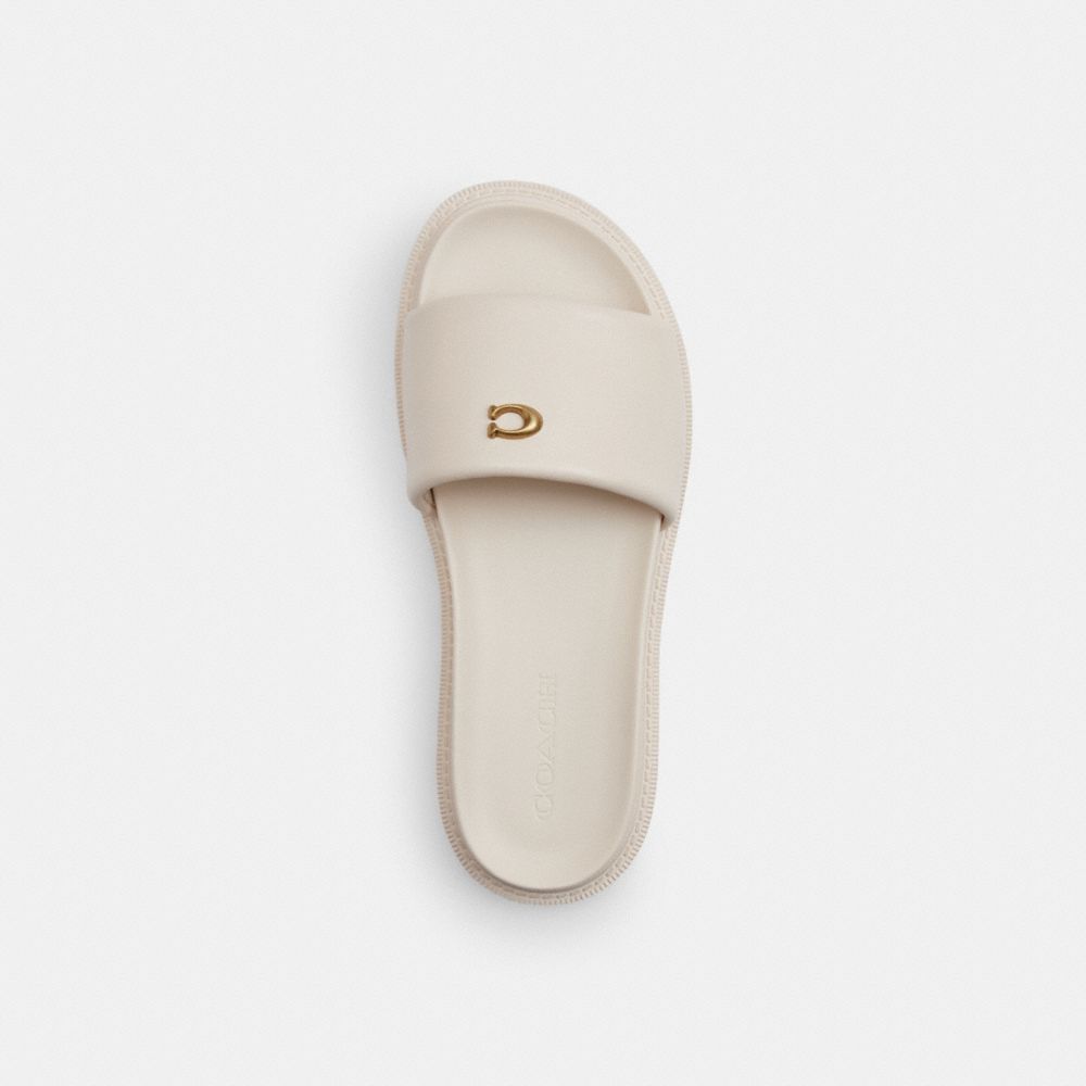 COACH®,Brynn Slide Sandal,Rubber,Slides,Logo,Metal,Cushioned,Flexible,Casual,Cream,Inside View,Top View