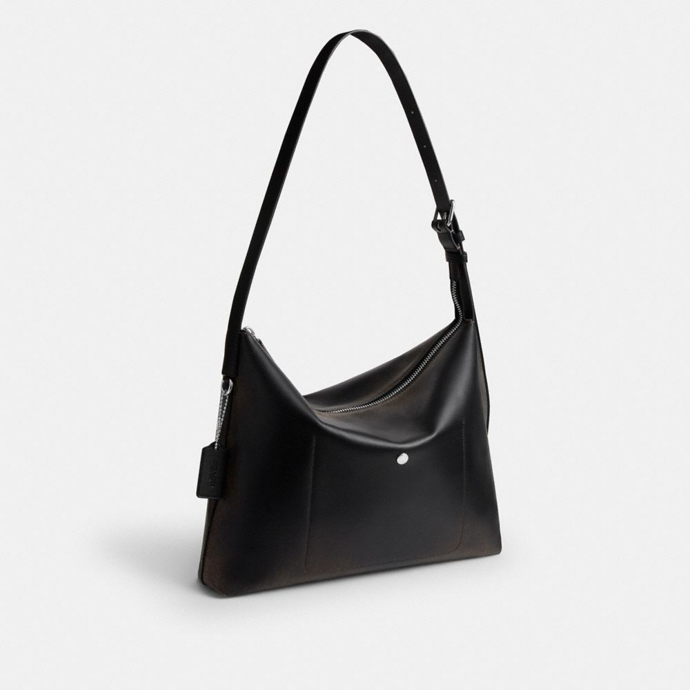 COACH®,Mott Messenger Bag 38 In Loved Leather,Leather,Crossbody,Pendant,Adjustable,Silver Metal,Casual,Black,Angle View