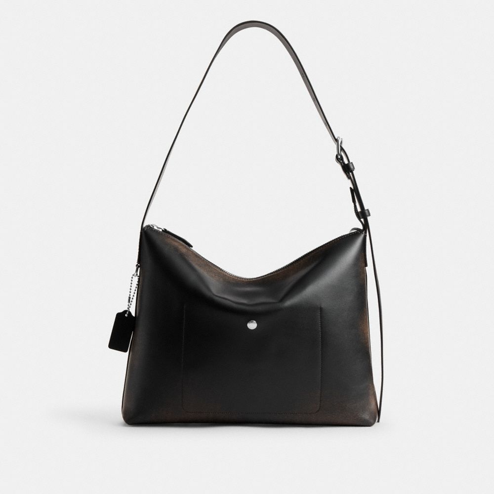 COACH®,Mott Messenger Bag 38 In Loved Leather,Leather,Crossbody,Pendant,Adjustable,Silver Metal,Casual,Black,Back View