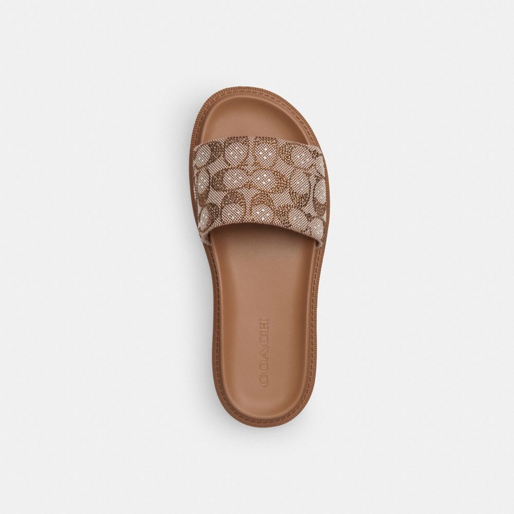 COACH®,Brynn Slide Sandal In Crystal Signature Jacquard,Cotton,Synthetic,Recycled Polyester,EVA,Lining Synthetic,Slides,Fa...,Beige,Inside View,Top View