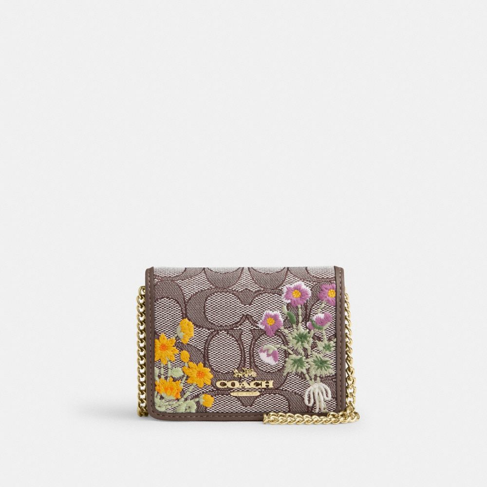 COACH®,Mini Wallet On A Chain In Signature Jacquard With Floral Embroidery,,Front View