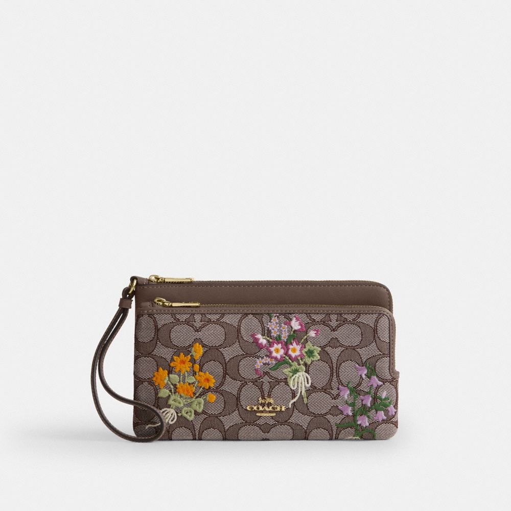 COACH®,Double Zip Wristlet In Signature Jacquard With Floral Embroidery,,Front View