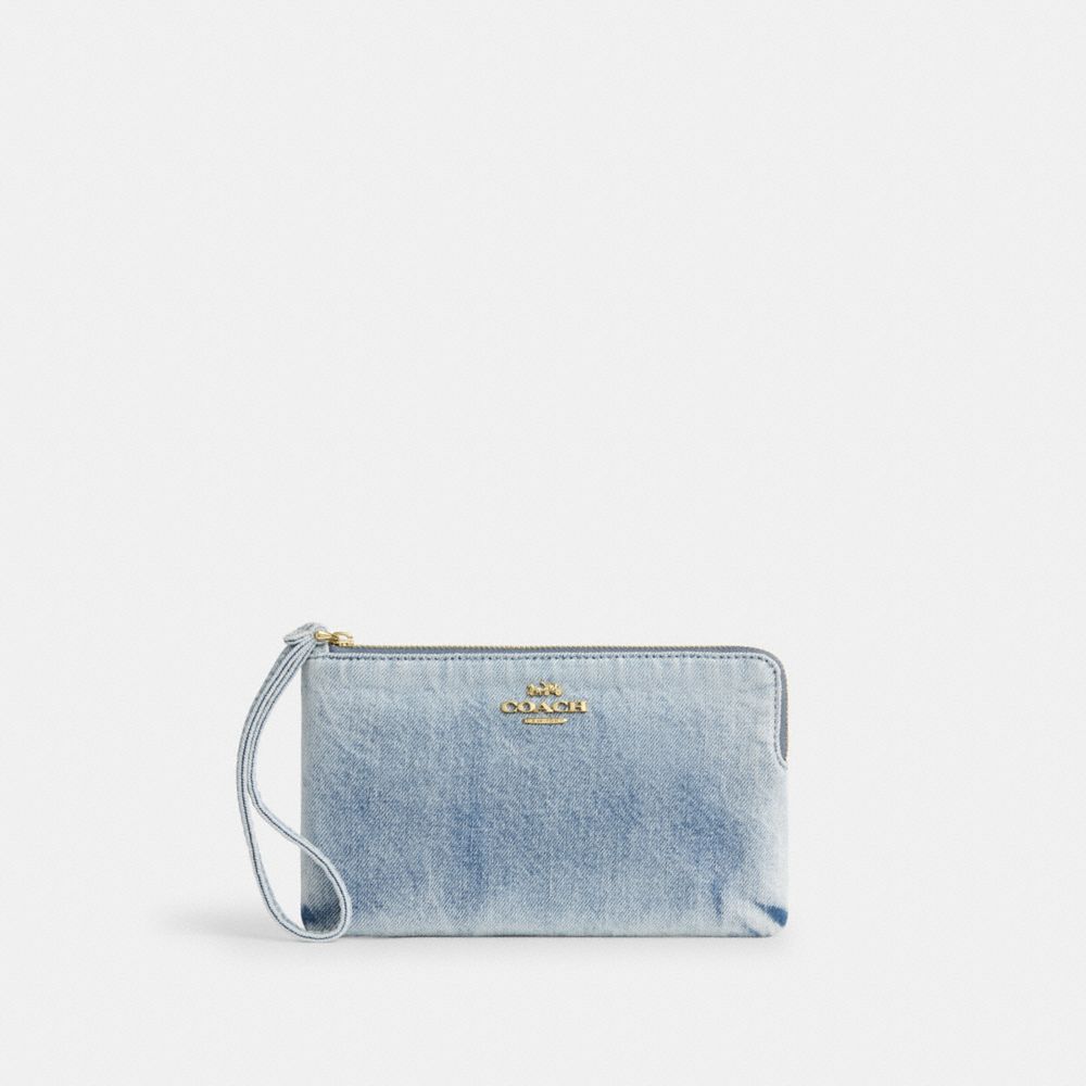 COACH®,Large Corner Zip Wristlet In Loved Denim,Recycled Polyester,Denim,Cotton,Pouch,Wristlet,Metal,Logo,Sustainable,Casual,Blue,Front View