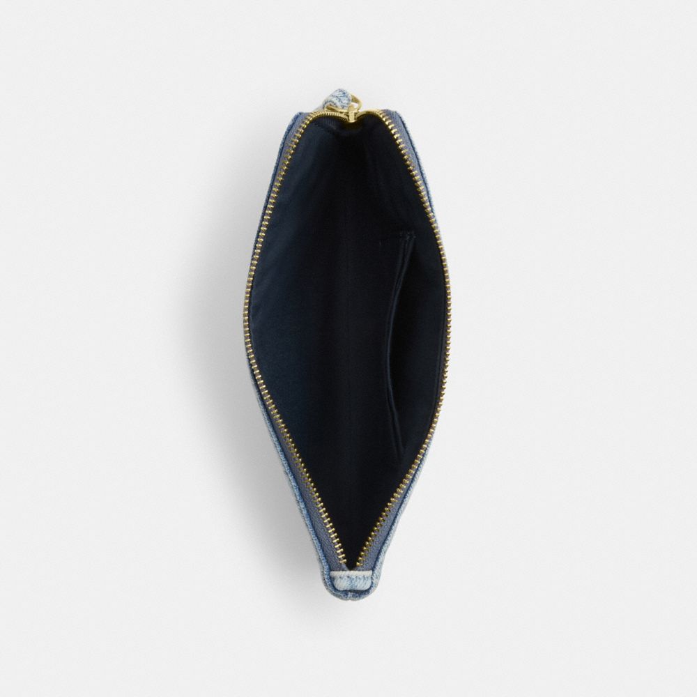 COACH®,Large Corner Zip Wristlet In Loved Denim,Recycled Polyester,Denim,Cotton,Pouch,Wristlet,Metal,Logo,Sustainable,Casual,Blue,Inside View,Top View