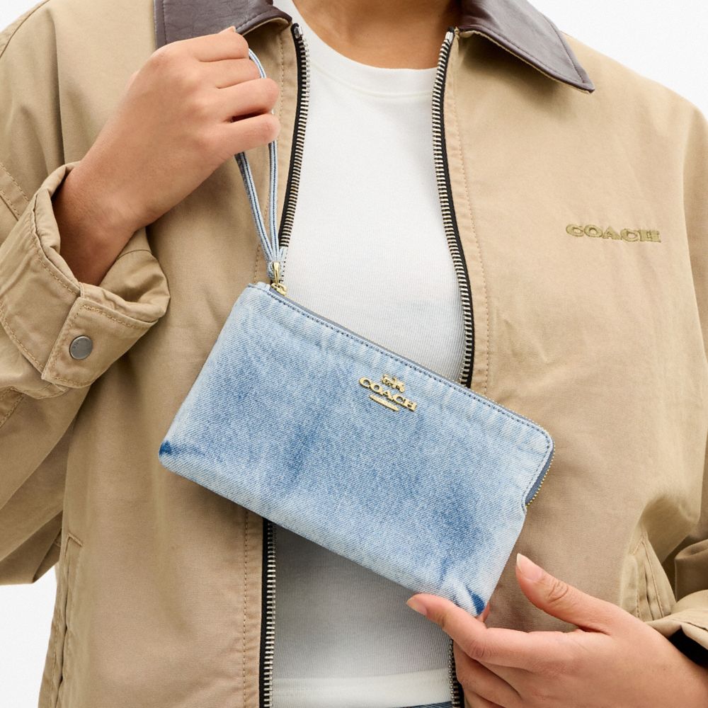 COACH®,Large Corner Zip Wristlet In Loved Denim,Recycled Polyester,Denim,Cotton,Pouch,Wristlet,Metal,Logo,Sustainable,Casual,Blue,Detail View