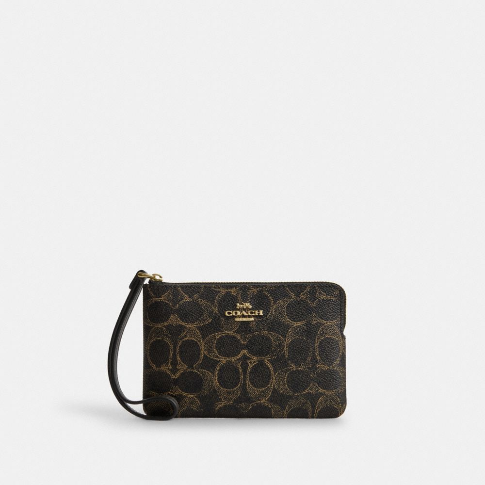 COACH®,Corner Zip Wristlet In Loved Signature Canvas,Canvas,Recycled Polyester,Leather,Pouch,Wristlet,Metal,Logo,Casual,Black,Front View