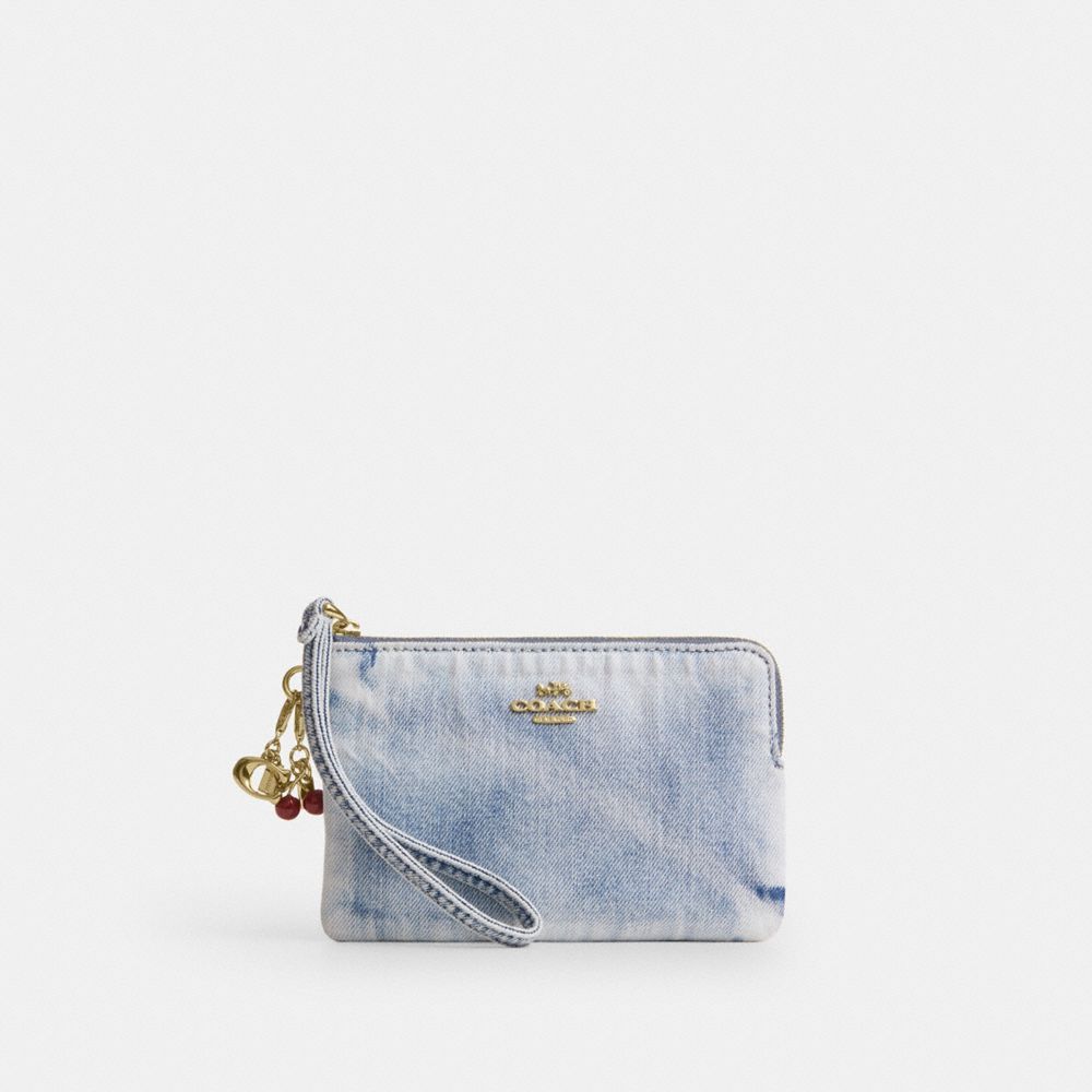 COACH®,Corner Zip Wristlet In Loved Denim With Charms,Denim,Recycled Polyester,Cotton,Pouch,Wristlet,Metal,Pendant,Logo,Ca...,Turquoise,Front View