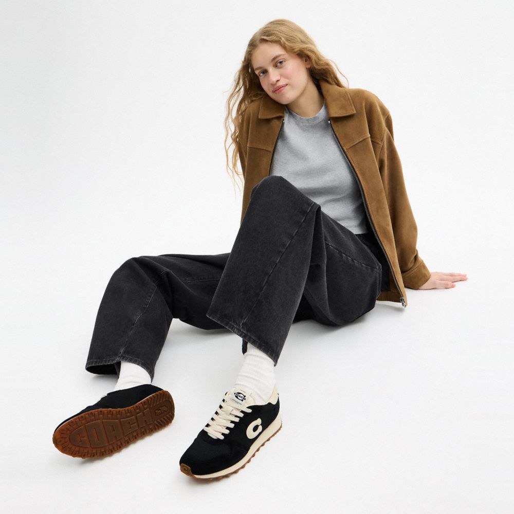 COACH®,Retro Runner,Rubber,Mesh,Recycled Polyester,Suede,Activewear,Fabric,Mixed Media,Logo,Color Block,Pull Tab,Sustainab...,Black,Detail View