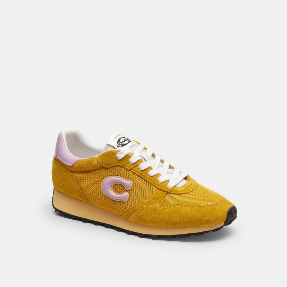 COACH®,Retro Runner,Rubber,Mesh,Recycled Polyester,Suede,Activewear,Fabric,Mixed Media,Logo,Color Block,Pull Tab,Sustainab...,Mustard,Front View