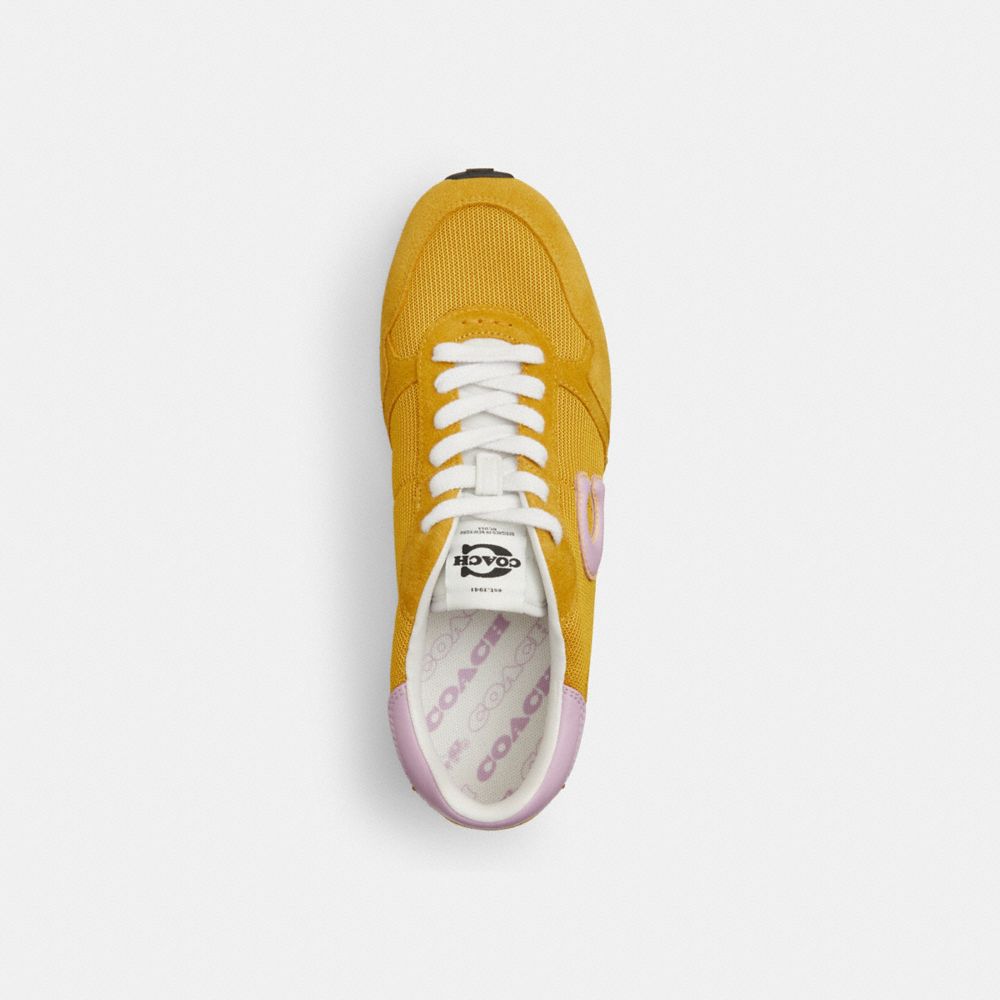 COACH®,Retro Runner,Rubber,Suede,Leather,Recycled Polyester,Mesh,Casual,Low Top,Fabric,Mixed Media,Logo,Color Block,Sustai...,Mustard,Inside View,Top View