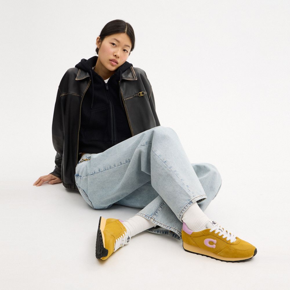 COACH®,Retro Runner,Rubber,Mesh,Recycled Polyester,Suede,Activewear,Fabric,Mixed Media,Logo,Color Block,Pull Tab,Sustainab...,Mustard,Detail View