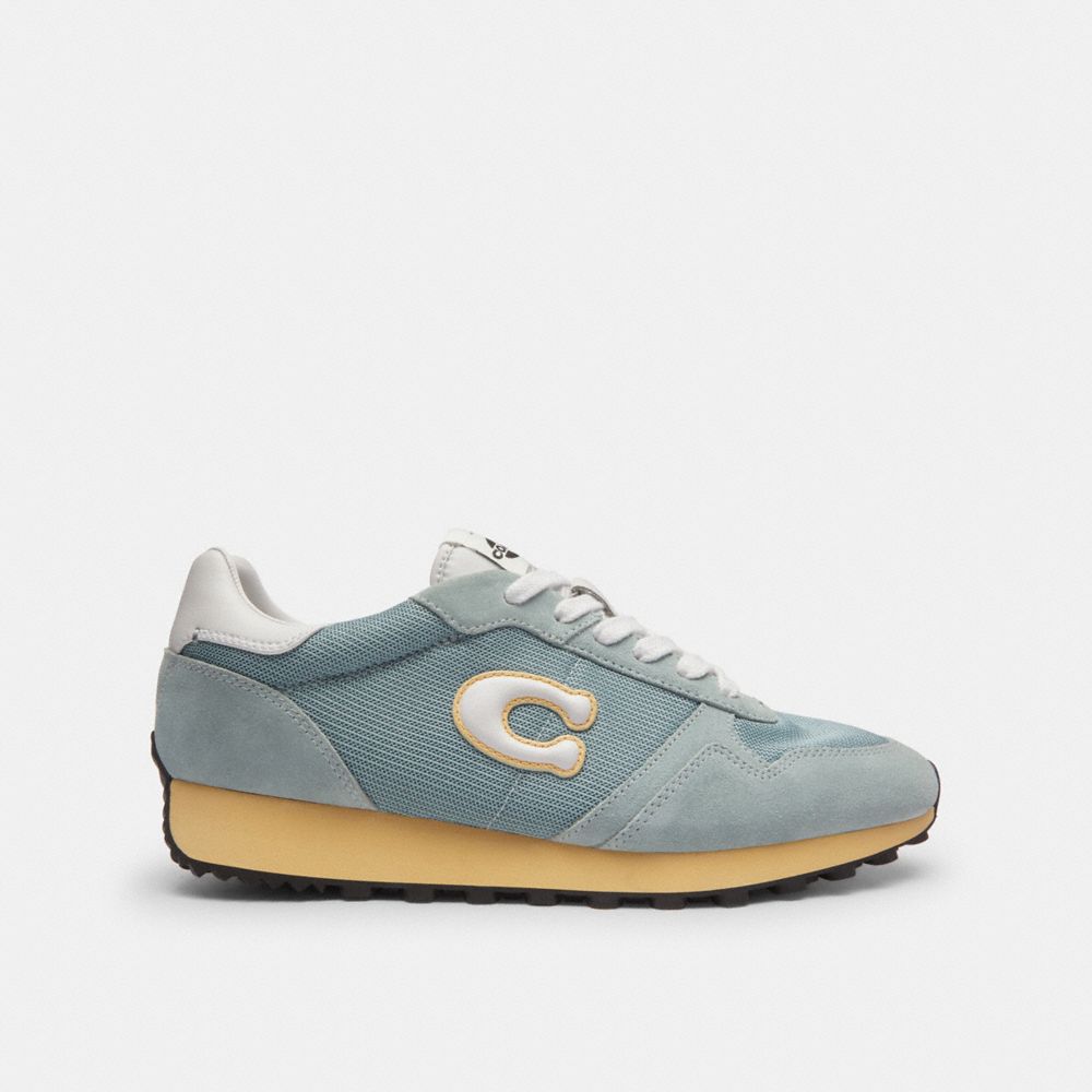 COACH®,Retro Runner,Rubber,Mesh,Recycled Polyester,Suede,Activewear,Fabric,Mixed Media,Logo,Color Block,Pull Tab,Sustainab...,Blue,Angle View
