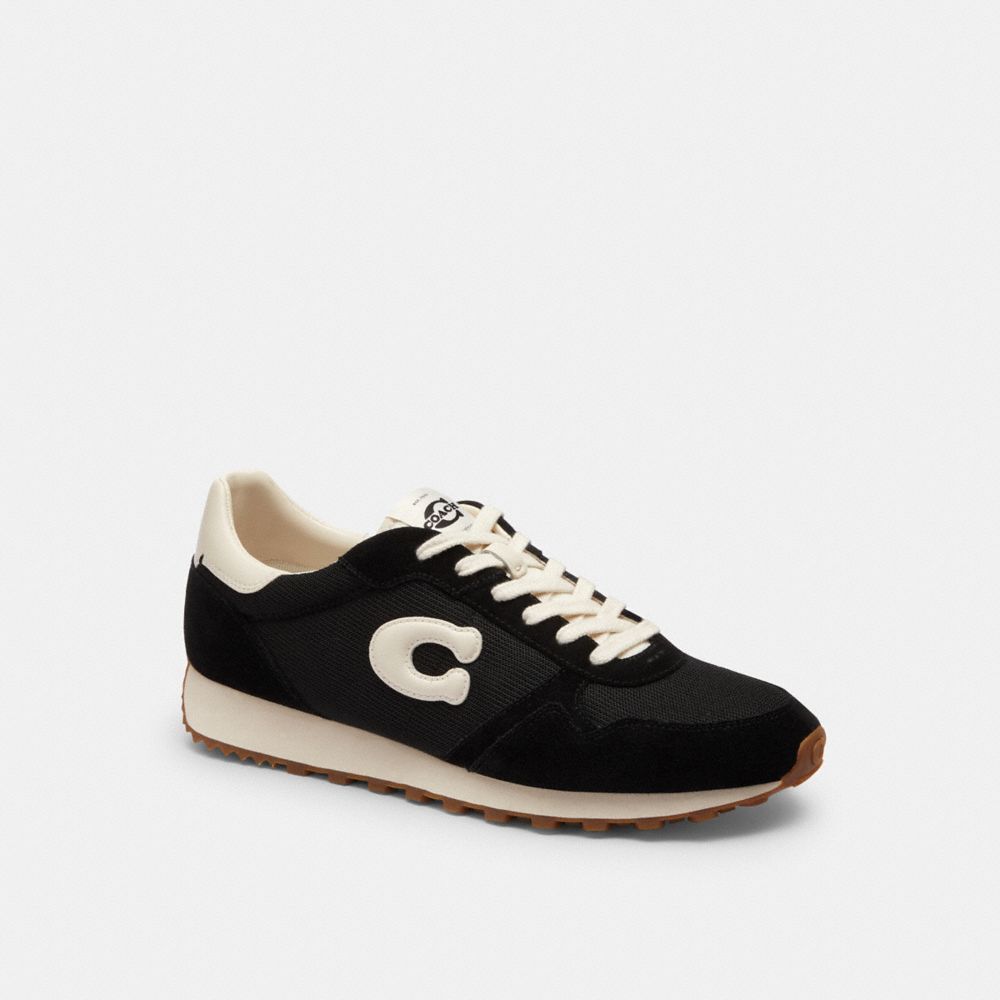COACH®,Retro Runner,Suede,Rubber,Recycled Polyester,Mesh,Low Top,Casual,Logo,Mixed Media,Color Block,Sustainable,Casual,Black,Front View