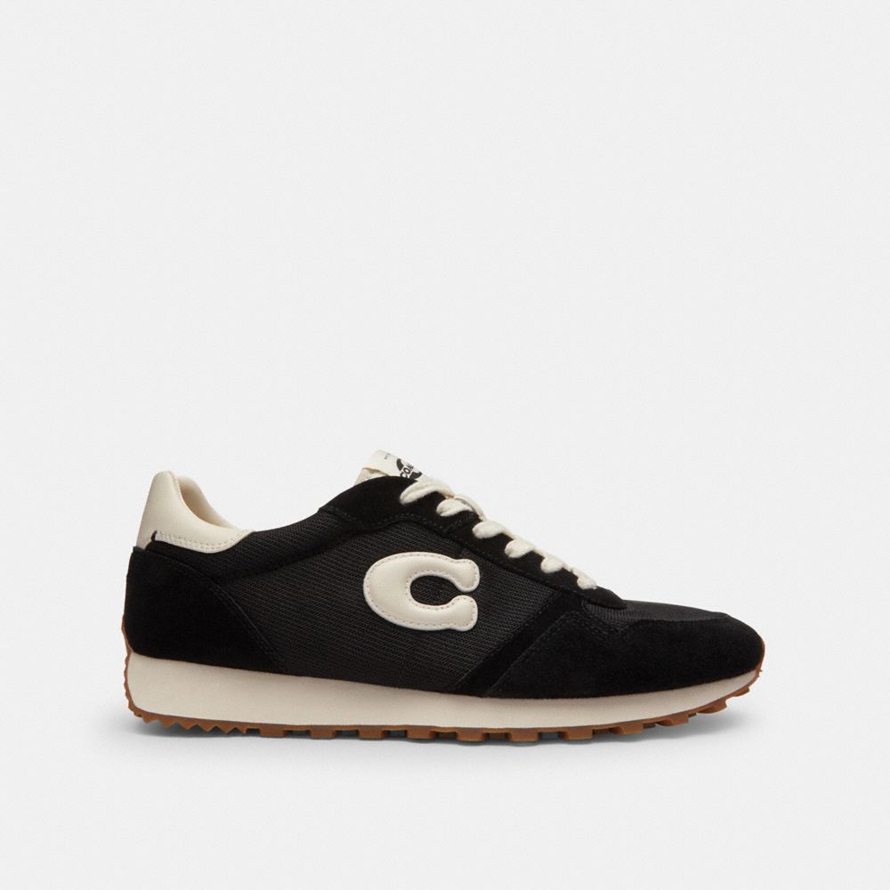 COACH®,Retro Runner,Suede,Rubber,Recycled Polyester,Mesh,Low Top,Casual,Logo,Mixed Media,Color Block,Sustainable,Casual,Black,Angle View
