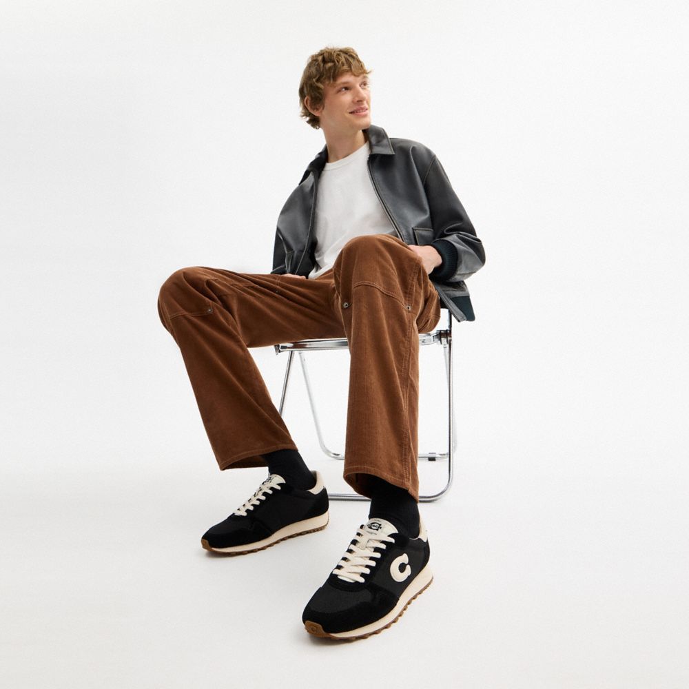 COACH®,Retro Runner,Suede,Rubber,Recycled Polyester,Mesh,Low Top,Casual,Logo,Mixed Media,Color Block,Sustainable,Casual,Black,Detail View