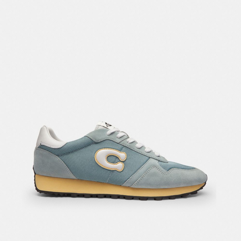 COACH®,Retro Runner,Suede,Rubber,Recycled Polyester,Mesh,Low Top,Casual,Logo,Mixed Media,Color Block,Sustainable,Casual,Blue,Angle View
