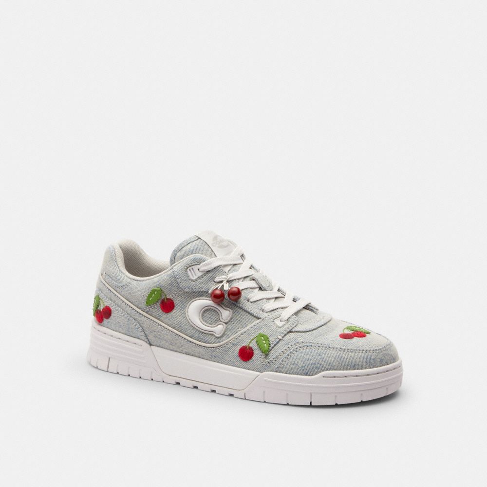 COACH®,Soho Sneaker With Cherries,Rubber,Recycled Polyester,Denim,Casual,3D Embellishment,Applique,Logo,Pull Tab,Sustainab...,Gray,Front View