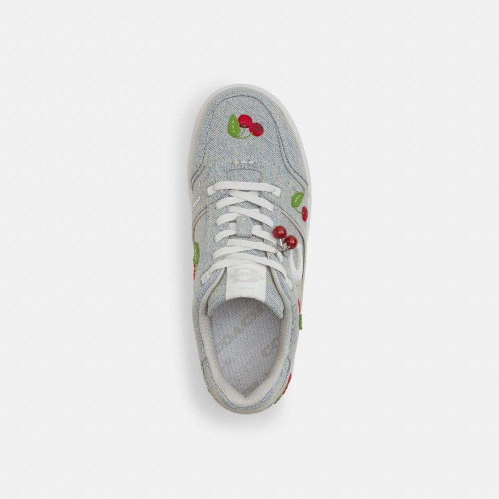 COACH®,Soho Sneaker With Cherries,Cotton,Recycled Polyester,Rubber,EVA,Denim,Casual,Fabric,3D Embellishment,Applique,Logo,...,Gray,Inside View,Top View