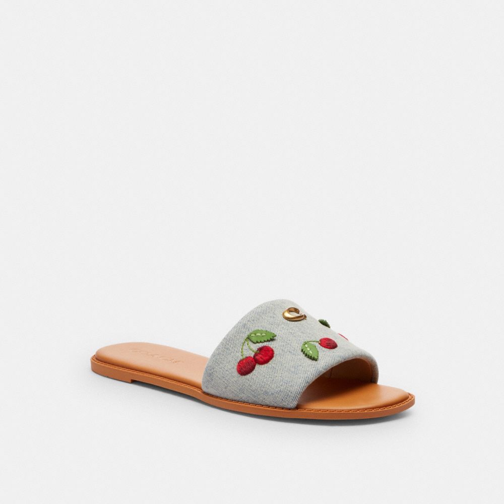 COACH®,Holly Sandal With Cherries,Leather,Denim,Rubber,Slides,Embroidered,Applique,Logo,Metal,Casual,Gray,Front View