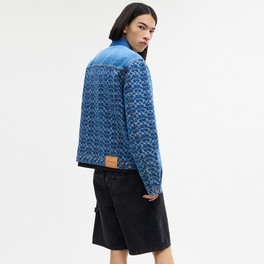 COACH®,Signature Trucker Jacket In Organic Cotton,Leather,Cotton,Denim,Organic Cotton,Denim,Trucker,Button,Logo,Tag Embell...,Blue,Scale View