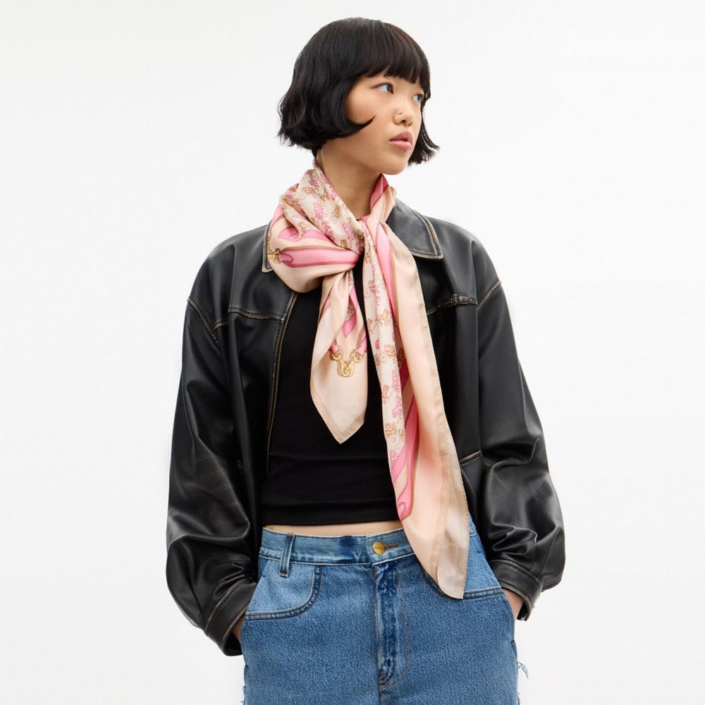 COACH®,Horse And Carriage Strap Print Silk Square Scarf,Silk,Square,Color Block,Logo,Casual,,Detail View