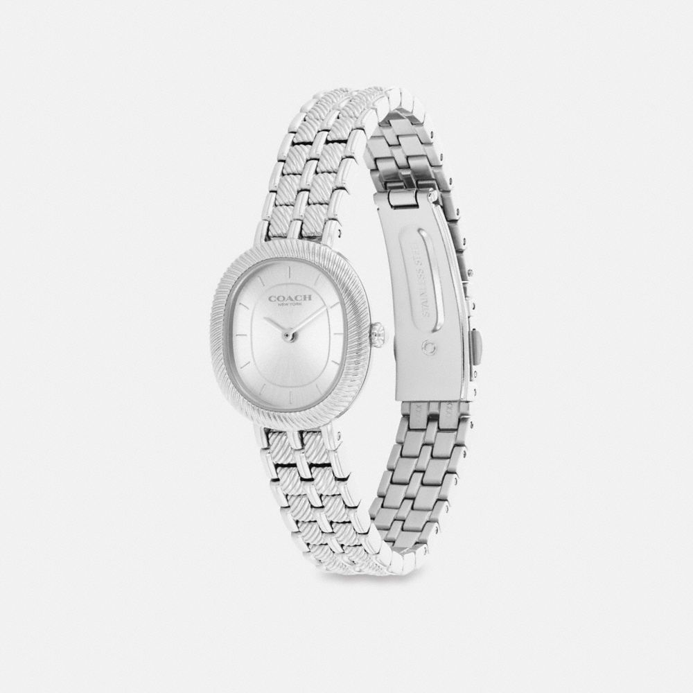 COACH®,Harlow Watch, 23.8 Mm X 26 Mm,Analog,Metal Material,Mineral,Word Embellishment,Logo,Textured,Water Resistant,Stainl...,,Angle View