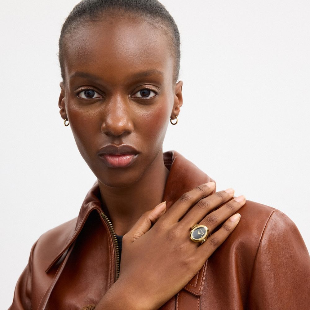 COACH®,Sammy Ring Watch, 18 Mm X 22.5 Mm,Cocktail,Crystal,Metal Material,3D Embellishment,Logo,Gold Metal,Casual,Gold,Detail View