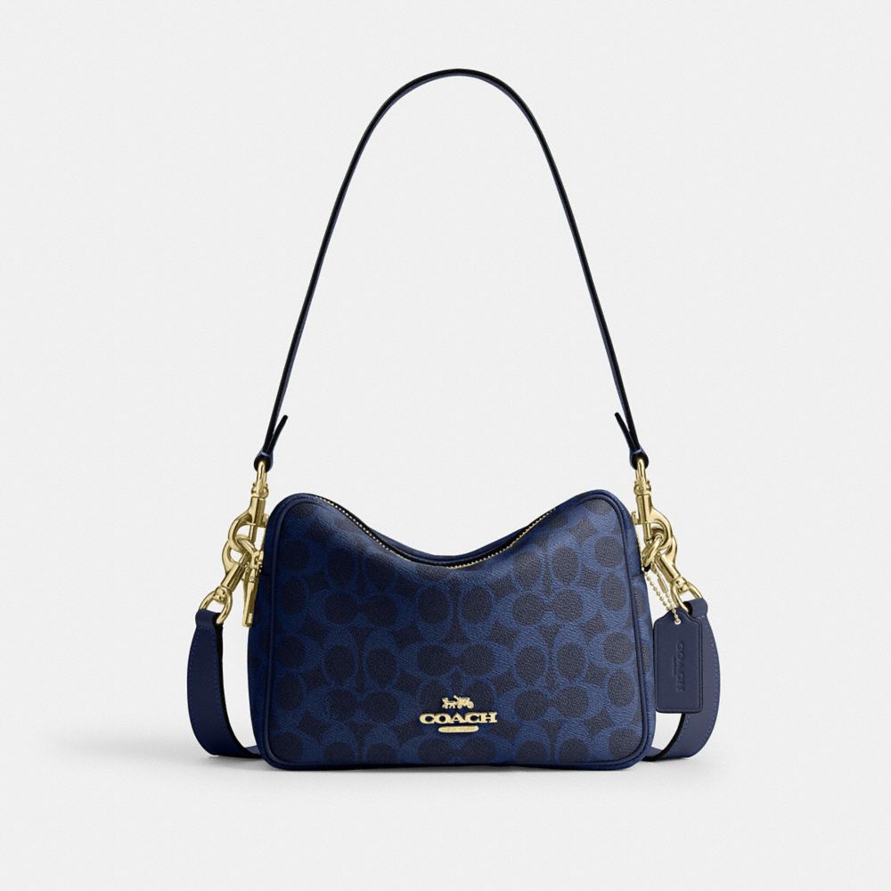 COACH®,Carey Crossbody Bag In Signature Canvas,Recycled Polyester,Leather,Canvas,Camera Bag,Metal,Logo,Sustainable,Gold Plate,,Front View