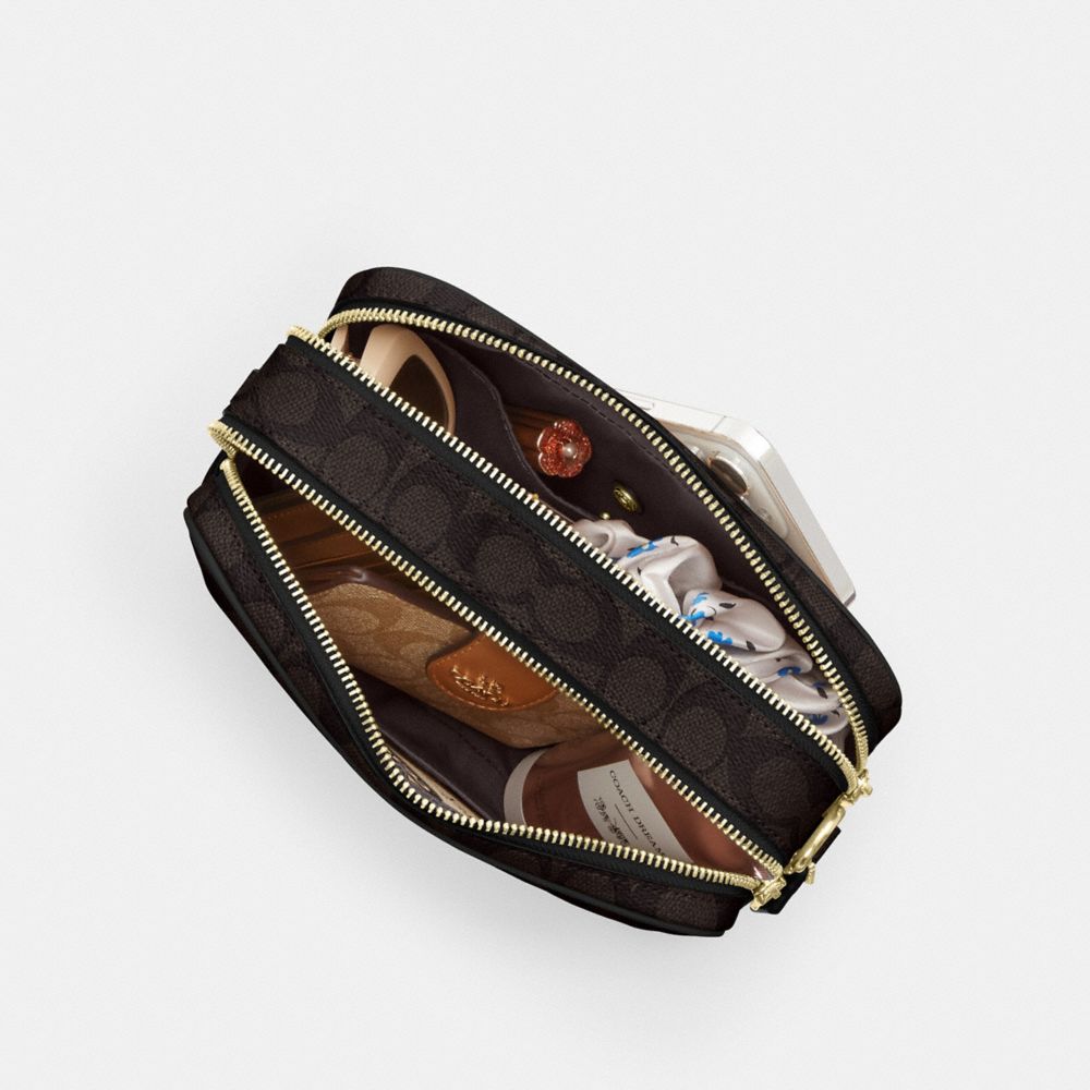 COACH®,Carey Crossbody Bag In Signature Canvas,Leather,Canvas,Recycled Polyester,Camera Bag,Metal,Logo,Sustainable,Gold Pl...,Brown,Inside View,Top View