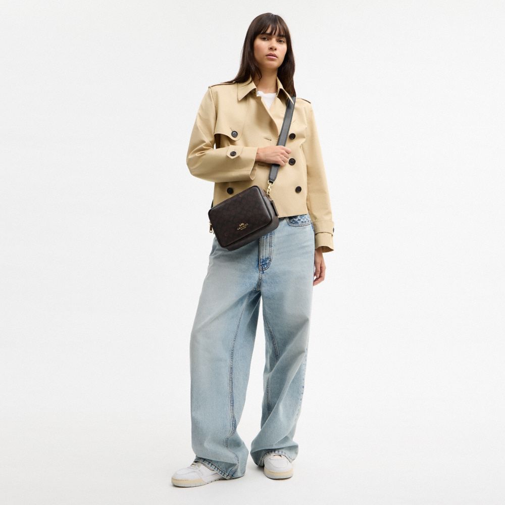 COACH®,Carey Crossbody Bag In Signature Canvas,Leather,Canvas,Recycled Polyester,Camera Bag,Metal,Logo,Sustainable,Gold Pl...,Brown