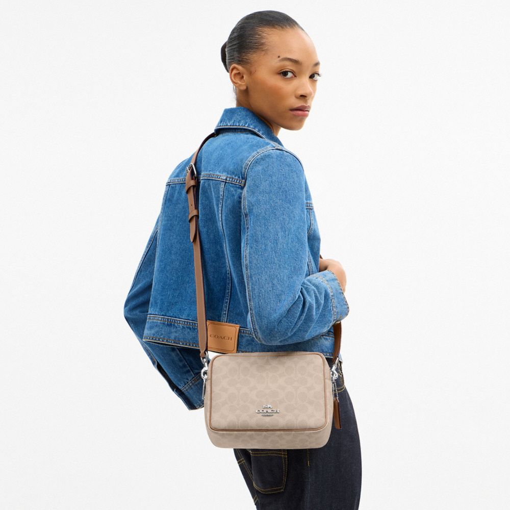 COACH®,Carey Crossbody Bag In Signature Canvas,Leather,Canvas,Recycled Polyester,Camera Bag,Metal,Logo,Sustainable,Gold Pl...,Multi Color