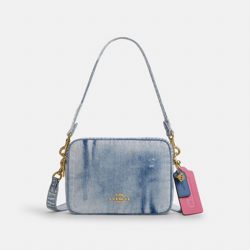 COACH®,Carey Crossbody Bag In Loved Denim With Charms,Denim,Cotton,Leather,Recycled Polyester,Camera Bag,3D Embellishment,...,Blue,Front View