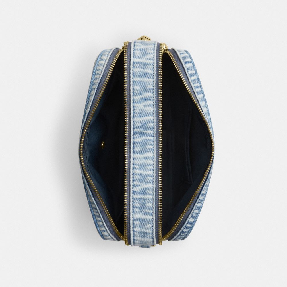 COACH®,Carey Crossbody Bag In Loved Denim With Charms,Denim,Cotton,Leather,Recycled Polyester,Camera Bag,3D Embellishment,...,Blue,Inside View,Top View