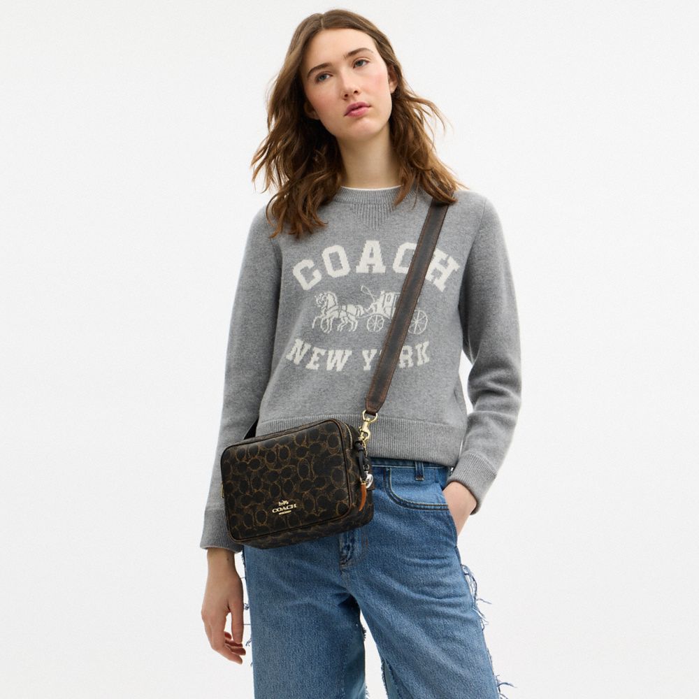 COACH®,Carey Crossbody Bag In Loved Signature Canvas With Charms,Leather,Canvas,Recycled Polyester,Camera Bag,Metal,3D Emb...,Black