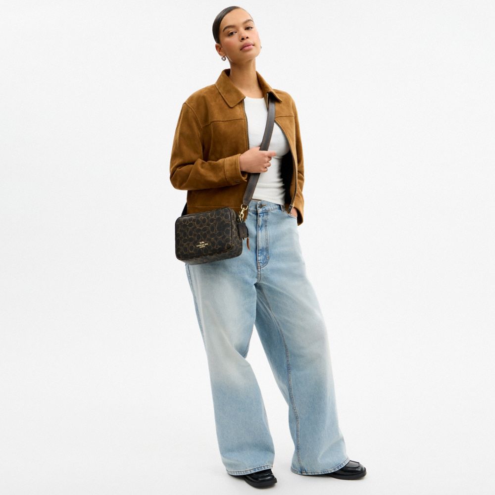 COACH®,Carey Crossbody Bag In Loved Signature Canvas With Charms,Leather,Canvas,Recycled Polyester,Camera Bag,Metal,3D Emb...,Black