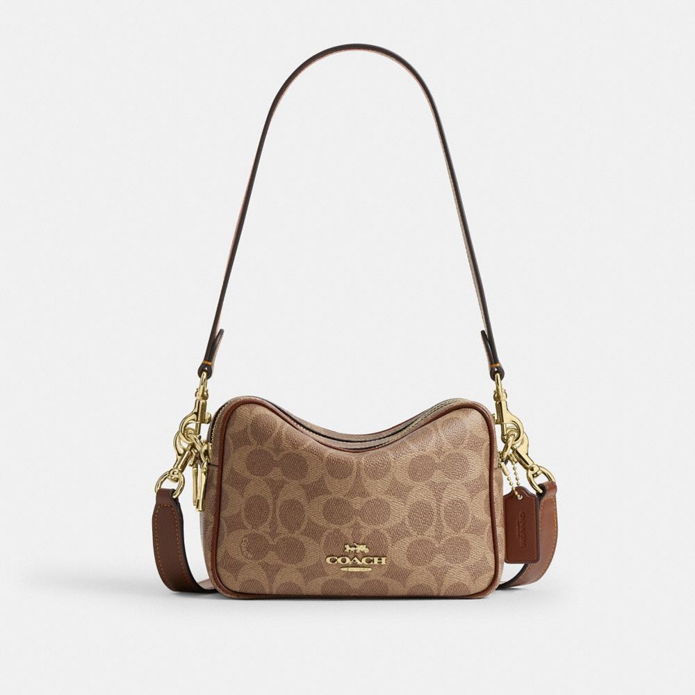 COACH®,MINI SAC BANDOULIÈRE CAREY EN TOILE EXCLUSIVE,Toile exclusive,Or/Marron orangé/Brun,Front View