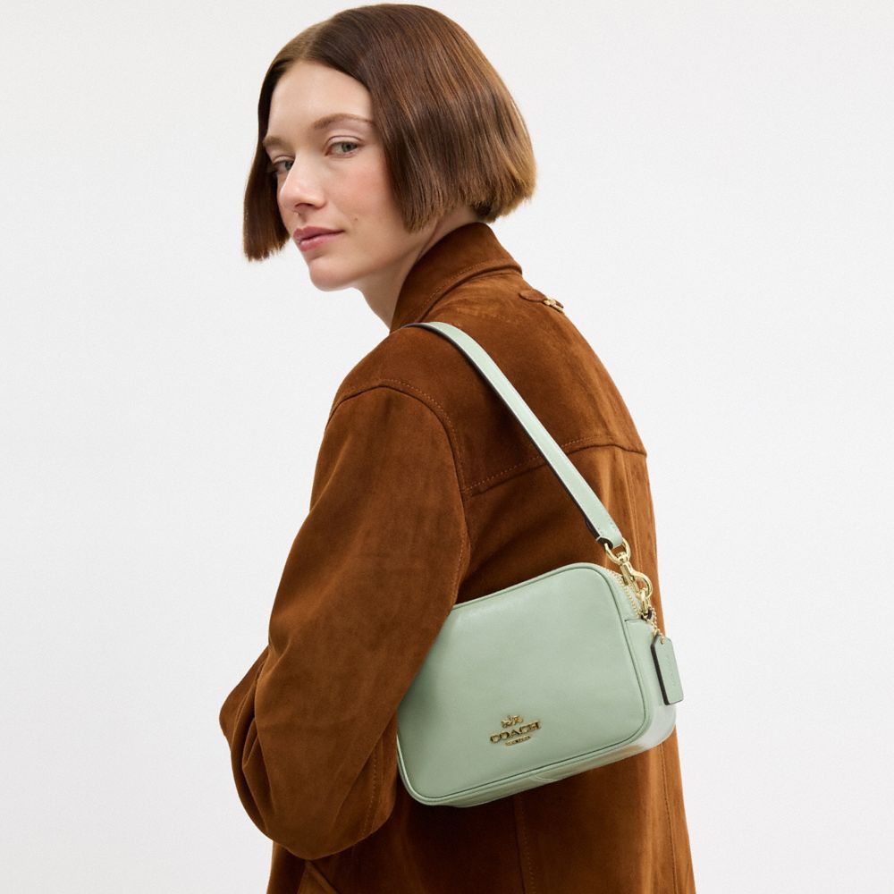 COACH®,Mini Carey Crossbody Bag,Recycled Polyester,Leather,Crossbody,Pendant,Metal,Sustainable,Silver Metal,Casual,Green,Detail View