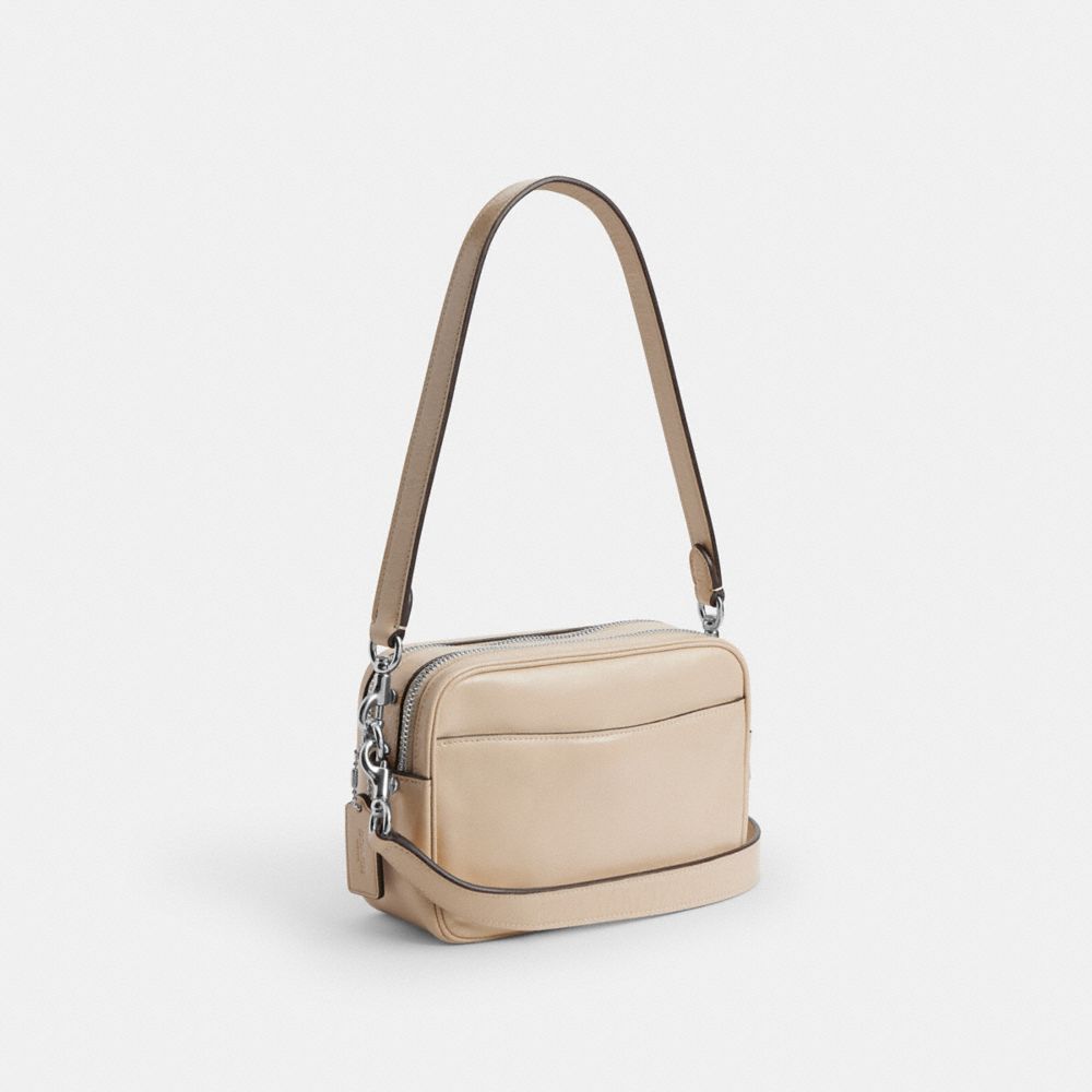 COACH®,Mini Carey Crossbody Bag,Recycled Polyester,Leather,Crossbody,Pendant,Metal,Sustainable,Silver Metal,Casual,Beige,Angle View