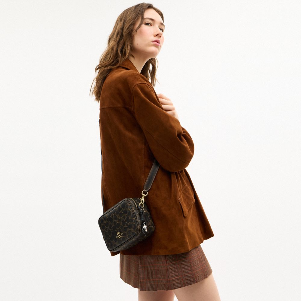 COACH®,Mini Carey Crossbody Bag In Loved Signature Canvas,Canvas,Leather,Recycled Polyester,Camera Bag,3D Embellishment,Me...,Black