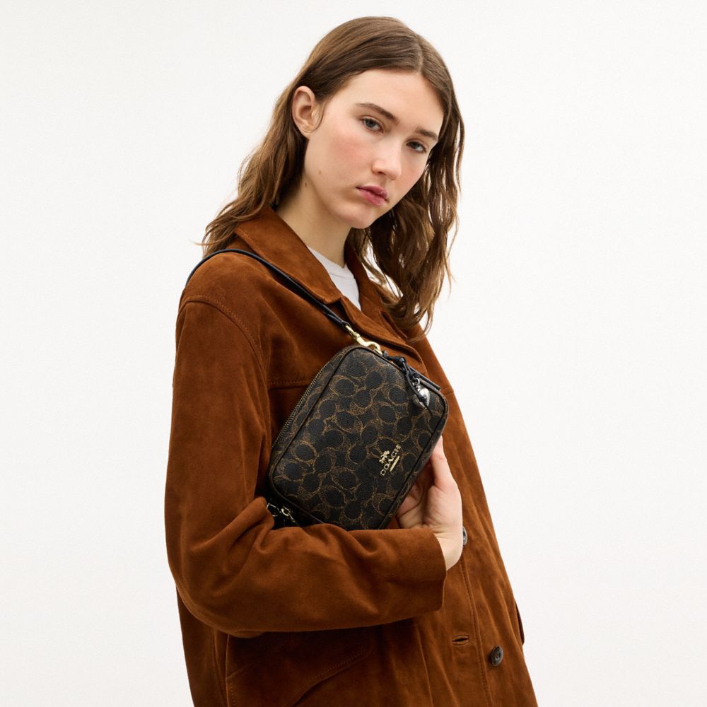 COACH®,Mini Carey Crossbody Bag In Loved Signature Canvas,Canvas,Leather,Recycled Polyester,Camera Bag,3D Embellishment,Me...,Black,Detail View