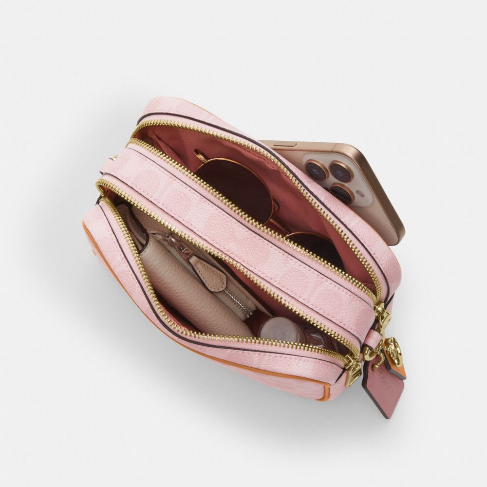COACH®,Mini Carey Crossbody Bag In Signature Canvas With Charms,Canvas,Recycled Polyester,Leather,Camera Bag,Metal,Piping,...,Pink,Inside View,Top View
