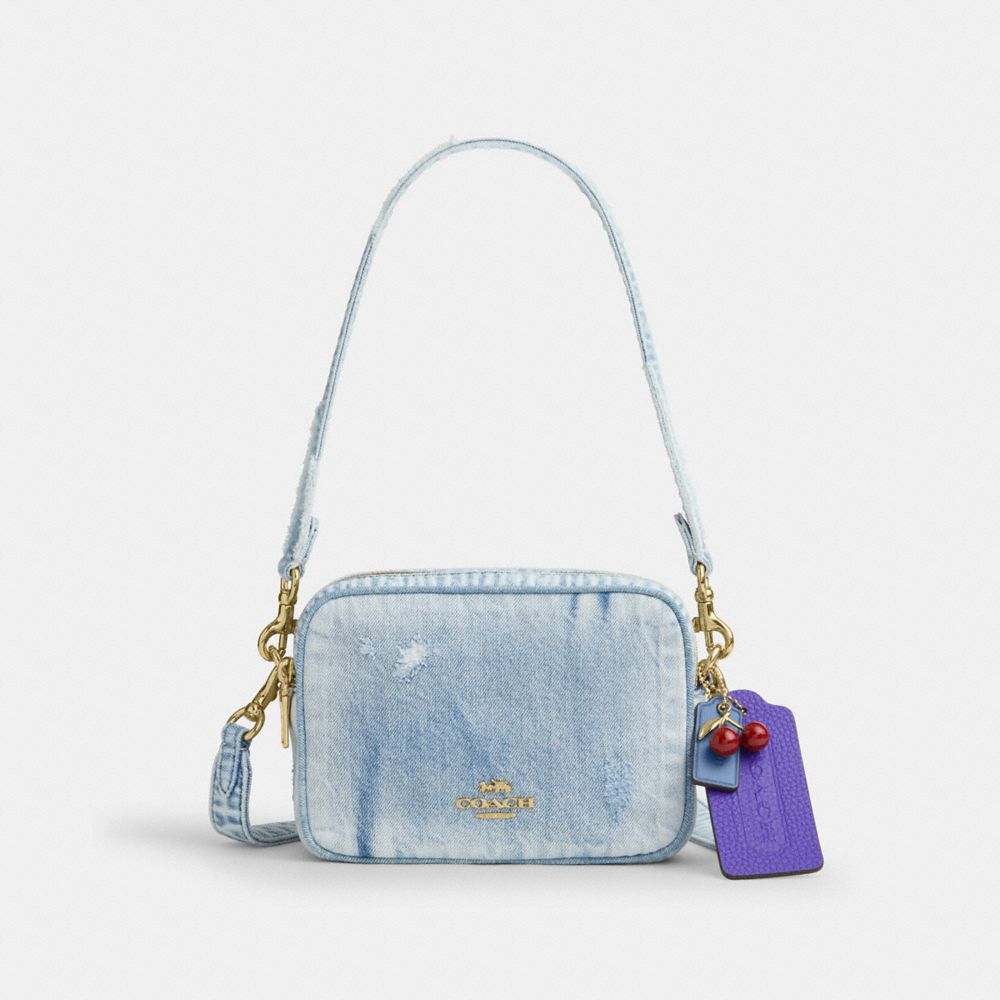 COACH®,Mini Carey Crossbody Bag In Loved Denim With Charms,Recycled Polyester,Polyester,Denim,Leather,Camera Bag,Metal,Pen...,Blue,Front View