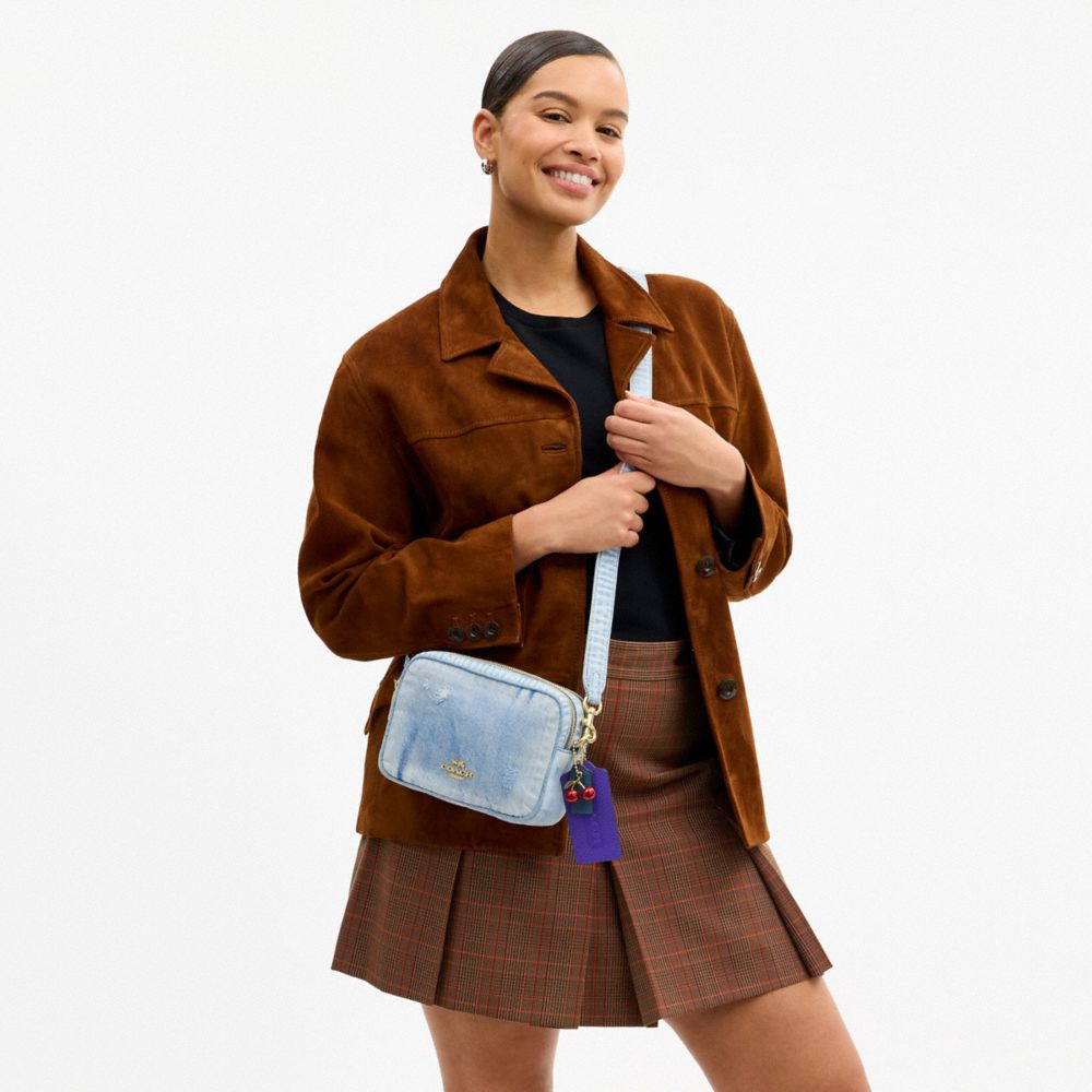 COACH®,Mini Carey Crossbody Bag In Loved Denim With Charms,Recycled Polyester,Polyester,Denim,Leather,Camera Bag,Metal,Pen...,Blue