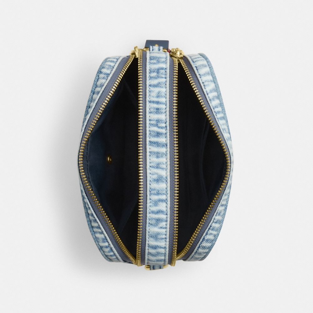 COACH®,Mini Carey Crossbody Bag In Loved Denim With Charms,Recycled Polyester,Polyester,Denim,Leather,Camera Bag,Metal,Pen...,Blue,Inside View,Top View