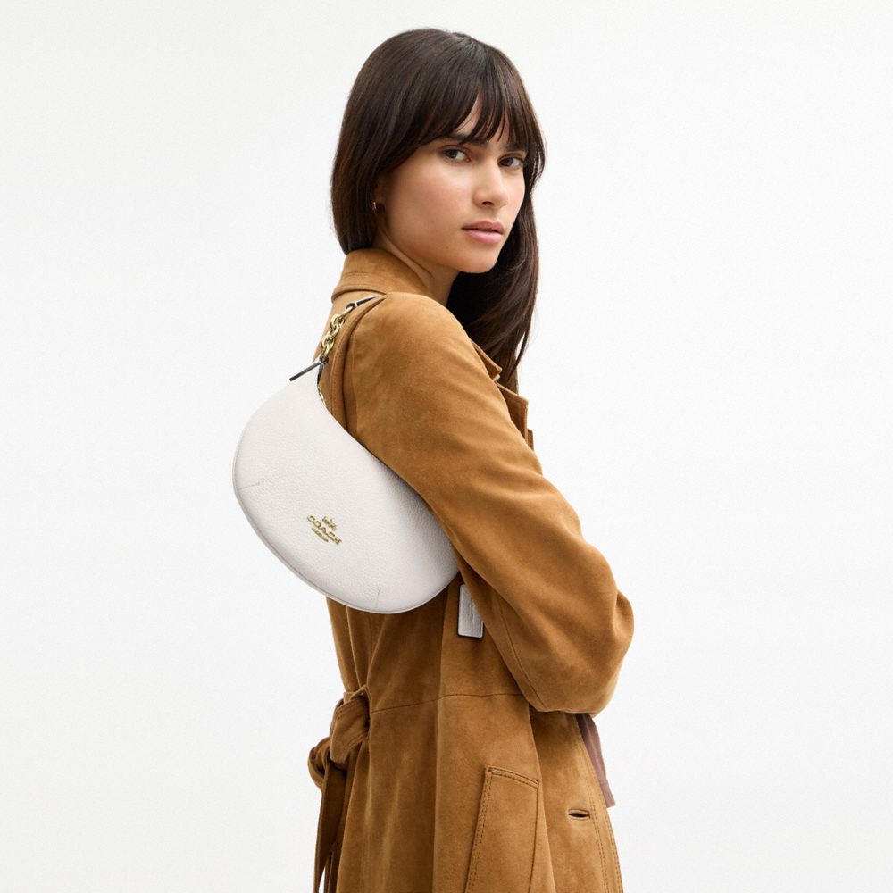 COACH®,Mini Payton Bag,Leather,Recycled Polyester,Shoulder Bag,Logo,Chain Detail,Metal,Compact,Gold Metal,Day Party,White,Detail View