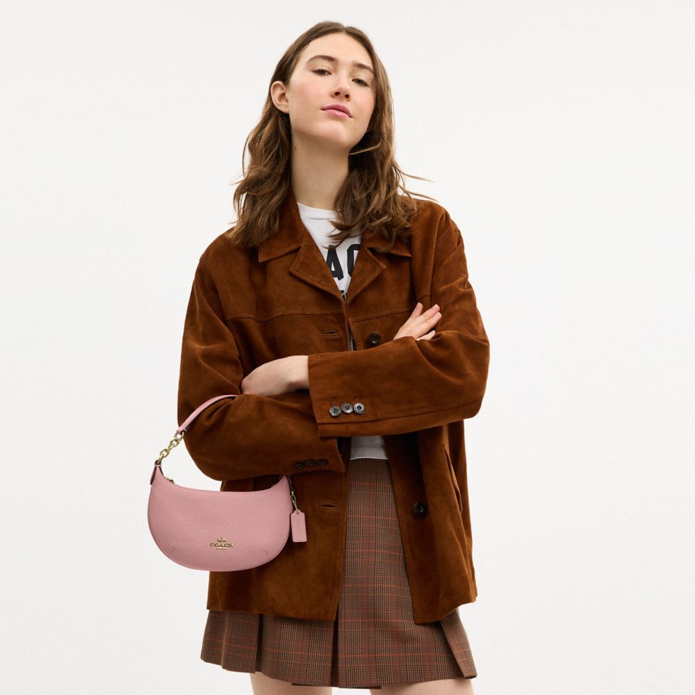 COACH®,Mini Payton Bag,Leather,Recycled Polyester,Shoulder Bag,Logo,Metal,Chain Detail,Compact,Gold Metal,Day Party,Blush,Detail View