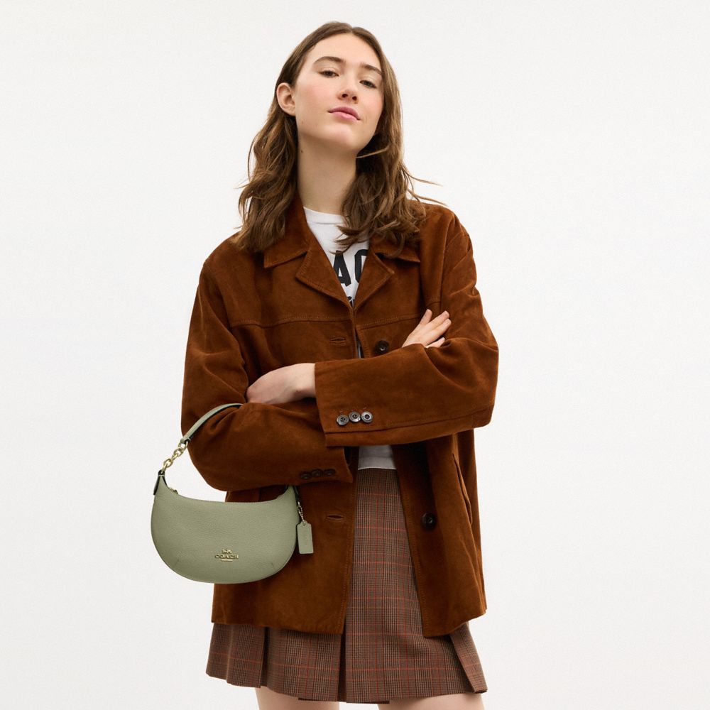 COACH®,Mini Payton Bag,Leather,Recycled Polyester,Shoulder Bag,Logo,Metal,Chain Detail,Compact,Gold Metal,Day Party,Olive,Detail View